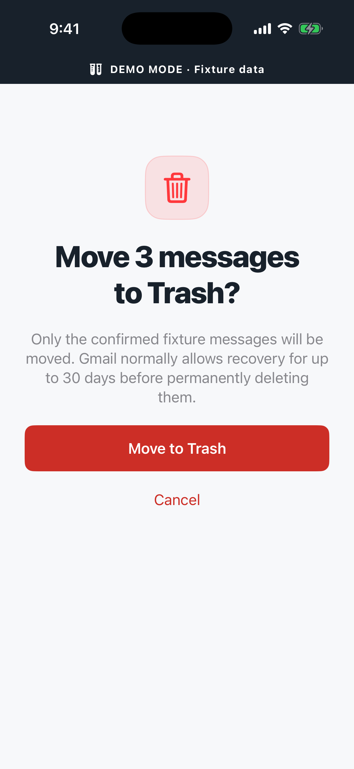 ZZMailer confirmation screen before messages move to Trash